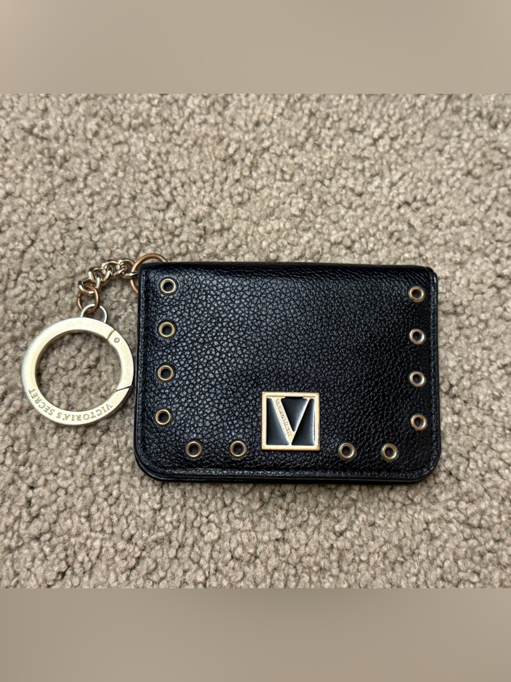 Victoria's Secret Black Leather Card Holder Key Ring with Gold Accents